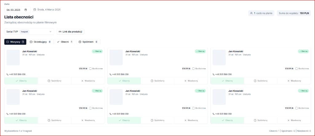 Lista obecności w PlanOS z oznaczeniami obecny, opóźniony, nieobecny